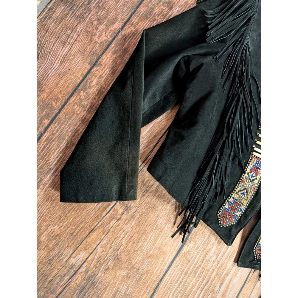 TONY LAMA Women's 14 Southwest Fringed Beaded Black Suede Leather Bolero Jacket - Picture 5 of 16